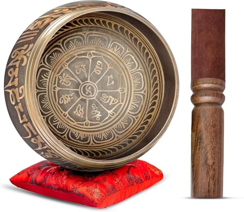 Juego premium de cuencos tibetanos tibetanos, cuenco de meditación y sonido hecho a mano de Nepal, decoración espiritual para yoga, spa y relajación por Himalayan Bazaar (marrón y rojo)