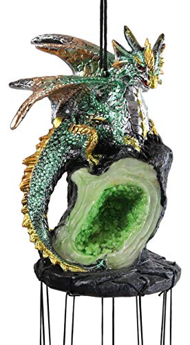 Ebros Gift Medieval Green Dragon Guarding Emerald Crystal Geode Rock Figurine Crown Top Resonant Wind Chime With Miniature Geode Rocks Ornaments For Garden Patio Home Fantasy Dungeons And Dragons #TOP5