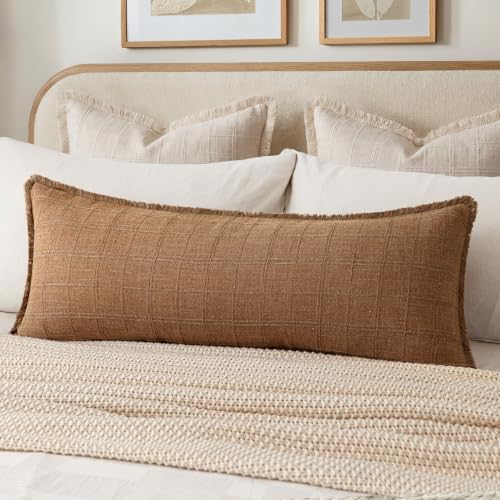Image of Foindtower Set of 1 Decorative Linen Check Fringe Throw Pillow Cover Cozy Farmhouse Body Cushion Cover Modern Boho Home Decor for Sofa Chair Couch Bedroom Living Room Outdoor,14x36 Inch,Brick Red