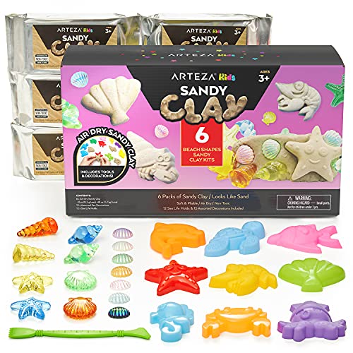 Arteza Kids Air-Dry Modeling Clay Kit, 6 x 8-oz Packs, 12 Sandy Clay Molds and 15 Assorted Sea-Life Beach Decorations, Soft, Pliable, Supplies for Kids’ Crafts and Sensory Play