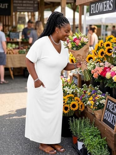 Image of Plus Size Maxi Dress for Women Short Sleeve V Neck Casual Loose Sundress with Pockets