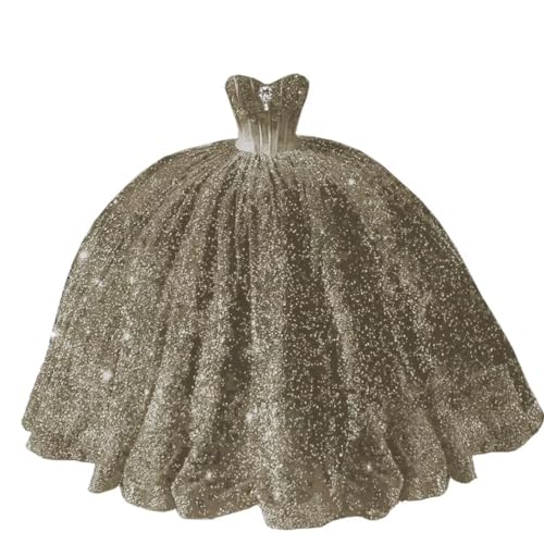 Mouccy Sparkly Sequin Quinceanera Dresses with Train Strapless Sweet 16 Dresses Glitter Beaded Long Ball Gowns with Bow