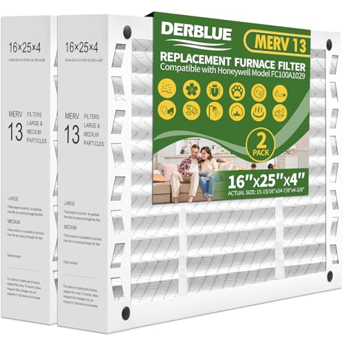 DerBlue 2PACK 16x25x4 MERV 13 Furnace Filter Replacement Compatible with Honeywell FC100A1029 Pleated HVAC Foldable Design for Easy Installation & Space-Saving(Actual Size: 24.88 x 15.94 x 4.38 In)