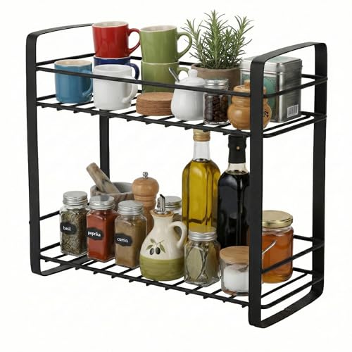 Image of TechSrmaji 2 Tier Stainless Steel Kitchen Rack | Multipurpose Storage Shelf for Kitchen & Bathroom | Rust Proof Dish Rack, Spice Organizer, Bathroom Shelf (Black)