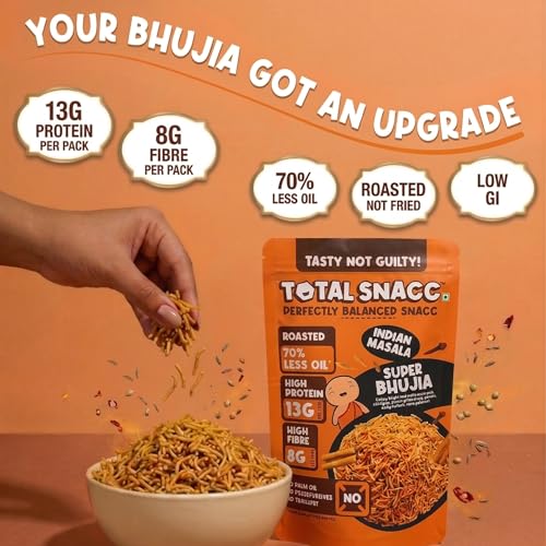 Image of TOTAL SNACC Roasted Protein Bhujia Combo (70g x 6 Packs) | 13g Protein & 8g Fibre per pack | 70% Less Oil | No Palm Oil | Indian Masala, Peri Peri, & Pudina Lime | Healthy Snacks Combo | Millet Bhujiya | Baked Bhujia Sev | Baked Namkeen | Diabetic Friendly | Low Calorie