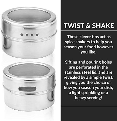Magnetic Spice Tins - Set of 12 | Labels Included | Stainless Steel Spice Jars | Herb Pots | Seasoning Shakers | Spice Containers with Lid | M&W