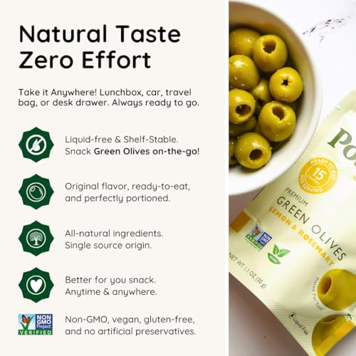 Image of POSHI Green Pitted Olive Snack Packs, Lemon & Rosemary, 1.1 oz (Pack of 30)