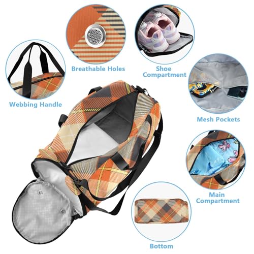 Orange Square Plaid Kids Travel Duffel Bag for Boys Girls Overnight Weekend Tote Bag with Shoes Compartment for Dance Gym Sports4