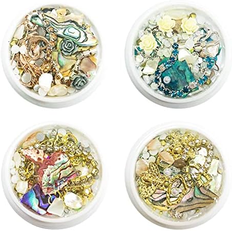3D Nail Art Charms Rose Flower Gold Silver Metal Studs Nail Rhinestones Chain Shell Slices Nail Art Accessories 4 Box Mixed-Style Nail Art Decoration (Multicolor)
