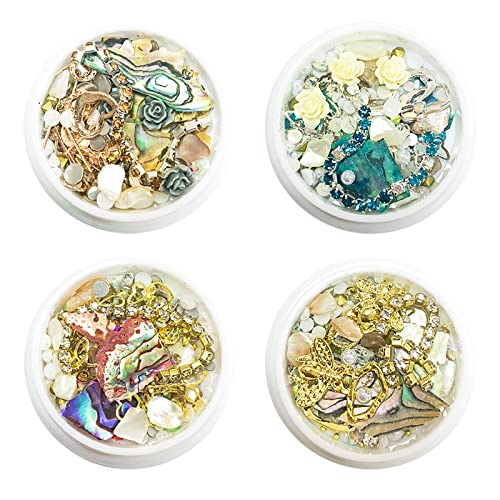 3D Nail Art Charms Rose Flower Gold Silver Metal Studs Nail Rhinestones Chain Shell Slices Nail Art Accessories 4 Box Mixed-Style Nail Art Decoration (Multicolor) #TOP1