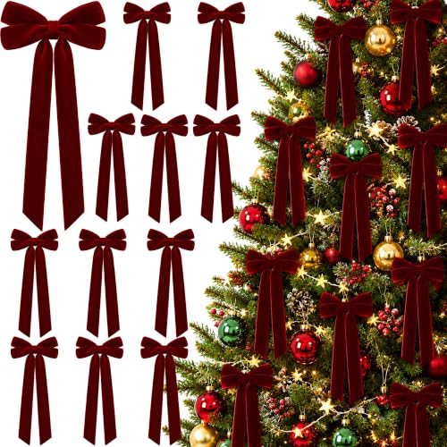 MUKOSEL 12Pcs Burgundy Velvet Bows for Christmas Tree Decorations