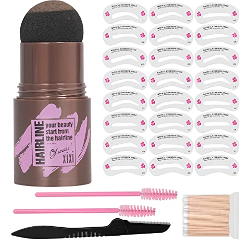 One Step Eyebrow Stamp Stencil Kit, Waterproof Eyebrow Stamp Definer Shaping Kit, Eyebrow Powder Long Lasting Quick Makeup Tools with 24 Reusable Eyebrow Stencils, 1 Brow-shaver (Gray Black)