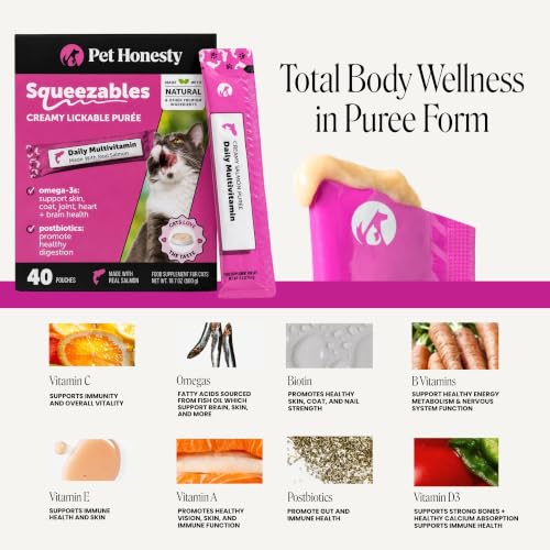 Image of Cat Multivitamin Lickable Treats - Squeezable Vitamin Puree Pouches for Cats - Daily Cat Vitamins with Postbiotics + Omega 3 Fish Oil for Gut + Immune Support, Skin Coat, Joint Health (Salmon, 40 Ct)