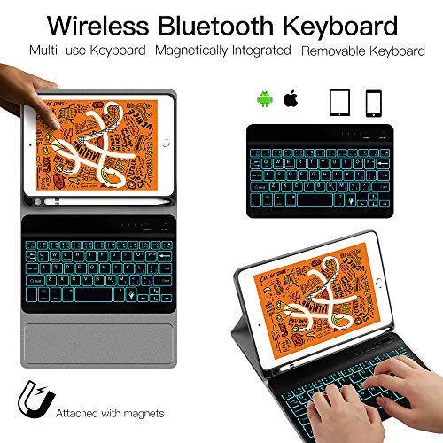 iPad Keyboard Case for iPad 7.9, JUQITECH Smart Case with Backlit Keyboard for iPad Mini 5 5th Gen Mini 4 Detachable Wireless Tablet Rechargeable Back lit Keyboard Cover Case with Pencil Holder, Black