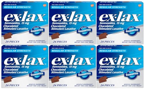 Ex-Lax Regular Strength Sennosides 15 mg Chocolate Stimulant Laxative Gentle Overnight Relief You Can Trust 24 Count (Pack of 6)