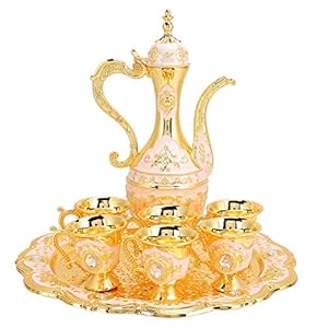 Vintage Turkse koffiepot met 6 koffiekopjes, metalen Turkse theeservies inclusief ambachtelijke theeblad theepot en theekopjes voor huwelijkscadeau (goudroze)