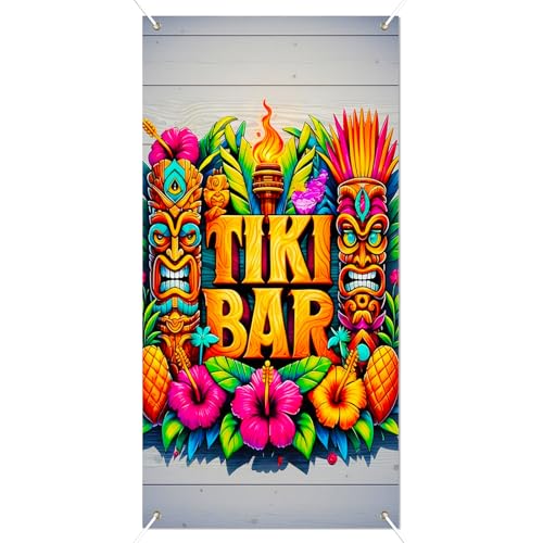 Image of BissYard Tiki Bar Door Cover 71 x 35 Inches Hawaiian Luau Door Banner Tropical Tiki Mask Pineapple Hibiscus Summer Party Front Door Decoration Indoor Outdoor Porch Island Theme Decor
