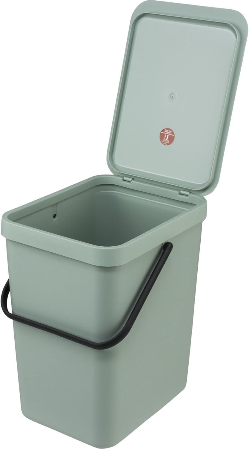 Brabantia - Sort & Go Waste Bin 25L - Large Recycling Bin for Kitchen - Stay Open Lid - Carry Handle - Easy to Clean - Fits Closely to the Wall - Compost Bin - Jade Green - 27 x 35 x 40 cm