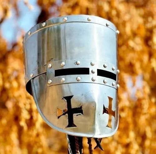 Medieval Templar Crusader Knight Armor Cosplay Helmet | Steel & Brass Material, Adult Unisex, Cross Cutout Design, Costume Party Use, Wipe Clean Care