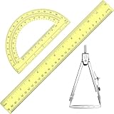 Zonon 3 Pcs Plastic Ruler 6 Inch Protractor Drawing Compass Set, Student Geometry Math Transparent Measuring Tools for Home School Classroom Office Supplies(12 Inch,Yellow)