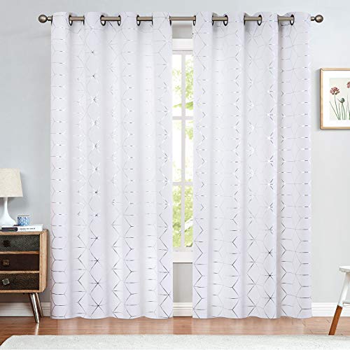 Vangao White Curtains 84 Inches Length 2 Panels For Living Room Bedroom Silver Diamond Foil Print Light Filtering Grommet Top Window Drapes #TOP1