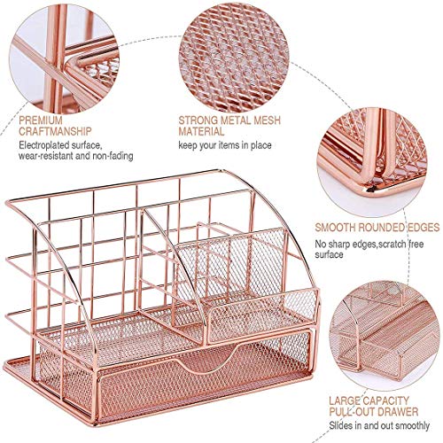 Image of Desk Organizer with Drawer | Metal Mesh Multipurpose 6 Compartment Storage Holder | Stationery, Makeup, Office Supplies Organizer (Rose Gold) (22.3X15X14.9 CM)
