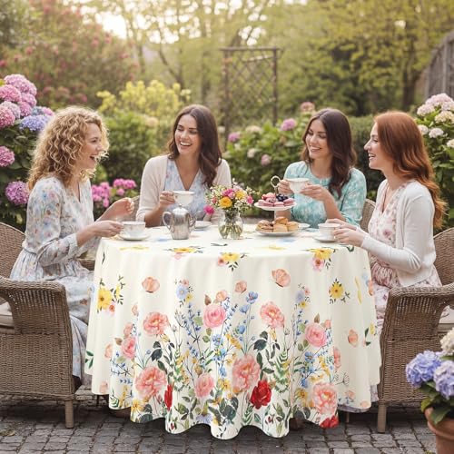 Image of Ganeen 6 Pcs Retro Wildflower Plastic Tablecloth 84 Inch Spring Round Tablecloths Floral Theme Birthday Decor Disposable Plastic Round Waterproof Table Cover for Holiday Wedding Decoration Party Favor