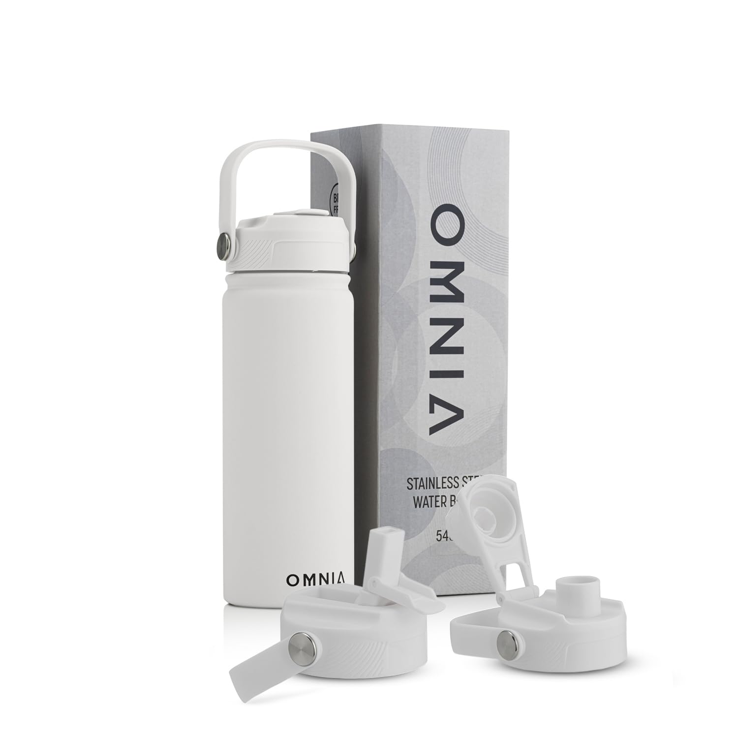 OMNIA NUTRIENTS Vacuum Insulated Stainless Steel Water Bottle, 2 Lids (Straw & Spout) Leakproof, BPA-Free, Reusable Flask Ideal for Travel and Outdoors (White - 540 ml)