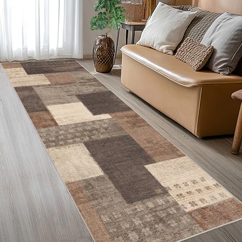 QDUIDU Modern Geometric Patchwork Indoor Beige Runner Rug for Living Room