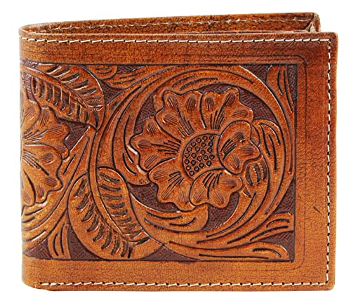 American Bison RFID Wallet for Men – Hand-Tooled Floral Cowhide Leather Bifold Wallet with Gift Box (Light Brown)