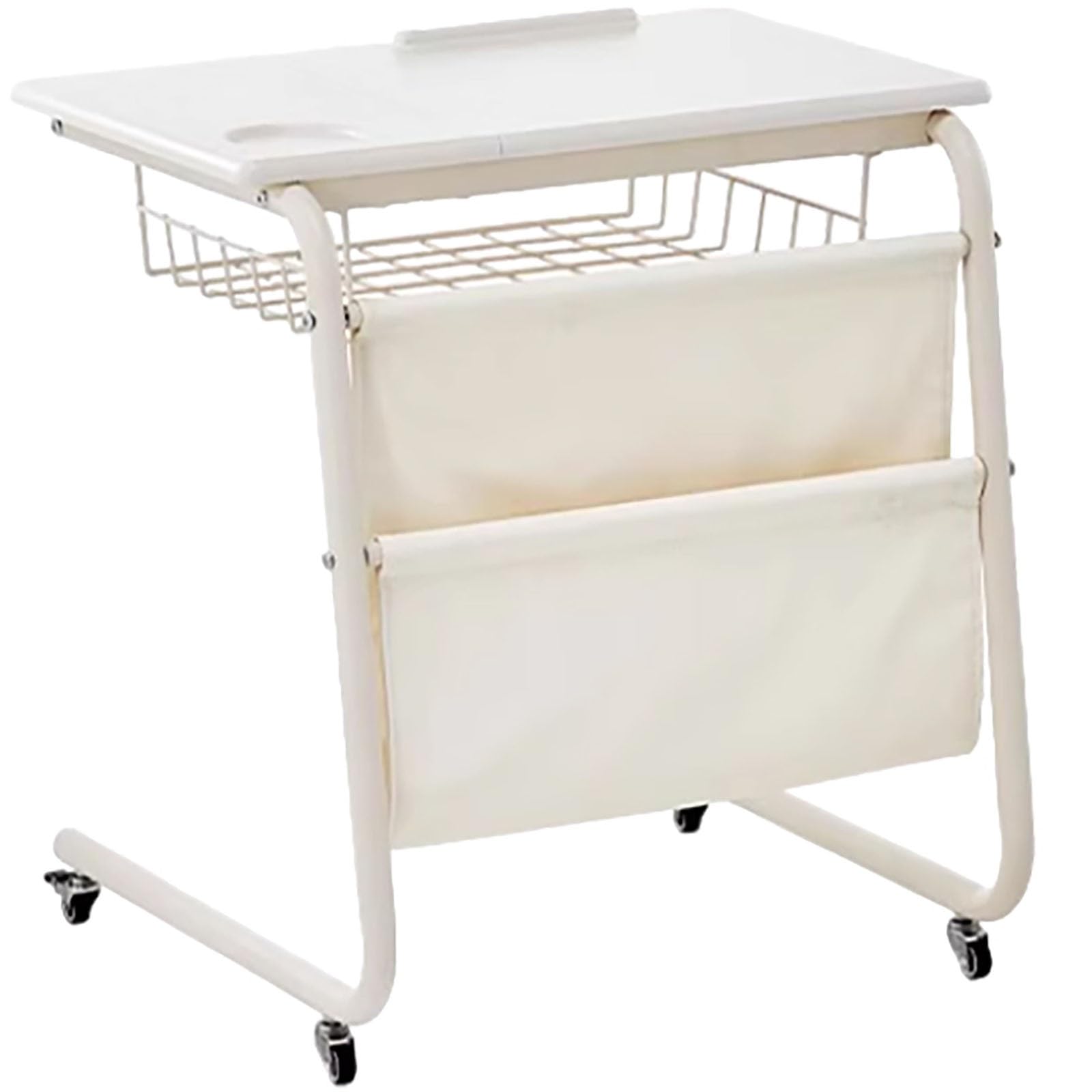 SXZenSpace C Shaped Side Table with Wheels – Adjustable Wood End for Living Room, Bedroom & Office Mobile Snack Table, Small Nightstand in Beige White