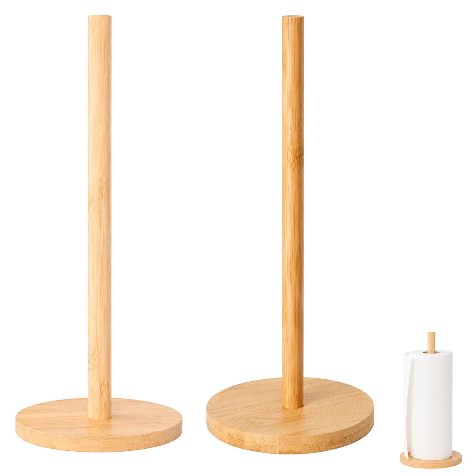 2-Piece Wooden Kitchen Roll Holder Set Freestanding Bamboo and Pine Paper Towel Stand for Kitchen Countertop and Dining Room