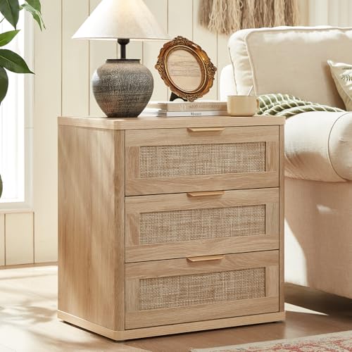 Image of LEYAOYAO Rattan 23 inch Nightstands with Drawers for Bedroom | Gold Metal Handle, Storage Shelf, Oak Night Stand, Boho Bedside Table, Bed Side End Tables Living Room, Hallway