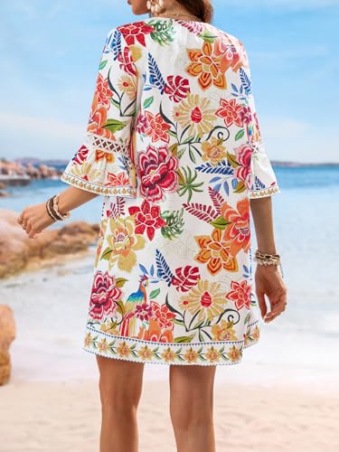 CUPSHE Women V Neck Lace Trim Mini Summer Dress Cover Up 3/4 Sleeve Ruffled Cuff Casual Sundress Beach Dresses Cover Ups2