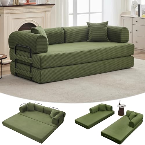 GarveeHome 79" Convertible Sleeper Sofa Bed Couch, 4-in-1 Boneless Corduroy Folding Sofa Bed with Pillow & Fixed-Shape, Floor Mattress Couch Loveseat for Living Room Apartments - No Assembly, Green