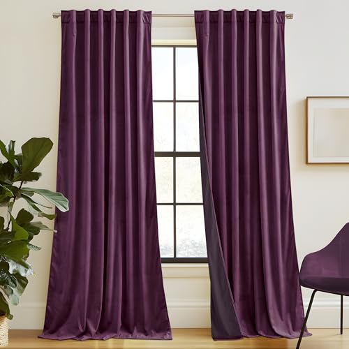 Image of RYB HOME Purple Velvet Blackout Curtains 96 inches for Bedroom Living Room | Room Darkening, Thermal Insulated, Pleat Tape on Top, Heavy Duty Plush, Dining Room Sliding Patio Door, W52 x L96, 2 Panels