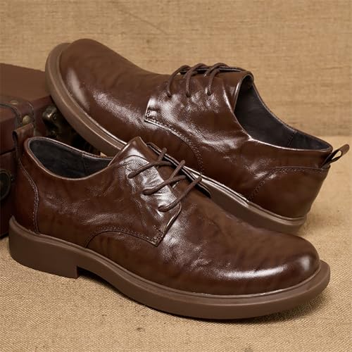 Men's Genuine Leather Lace Up Oxfords Casual Business Round Toe Non-Slip Platform Comfortable Block Heel Dress Shoes for Party Office Driving Walking Shoes 6