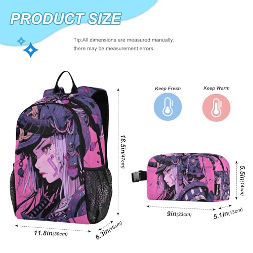 Travel Backpack Lunch Bag Set for Hiking Picnic, Backpacks with Insulated Lunch Box Anime Samurai Japanese Print2