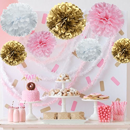 Mowo Paper Flower Tissue Pom Poms Baby Shower Party Supplies (Gold,Pink,White,18Pc) #TOP1