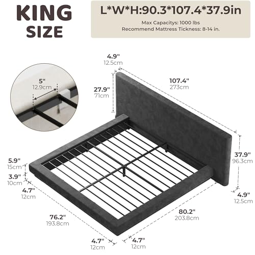 Image of RECCI AirFrame Cloud King Bed Frame with Extra Wide Headboard, 5 Inch Foam Fully Cushioned Platform, Easy Assembly, No Box Spring Needed