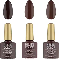 HELEN COLOR Kit 3 Esmaltes em Gel UV/LED 10ml Cada Frasco Secagem Rápida Alta Durabilidade Acabamento Brilhante (Marrom Escuro)