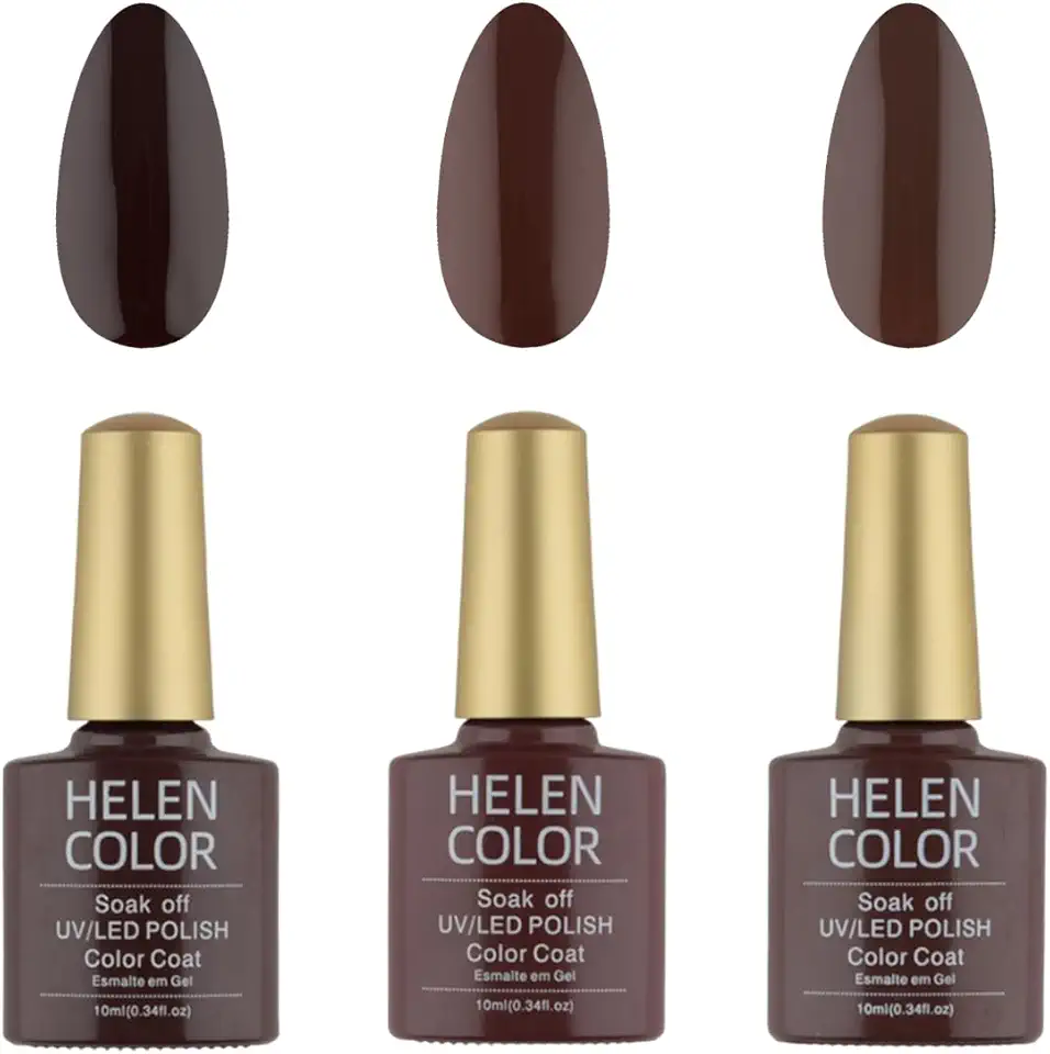 HELEN COLOR Kit 3 Esmaltes em Gel UV/LED 10ml Cada Frasco Secagem Rápida Alta Durabilidade Acabamento Brilhante (Marrom Escuro)