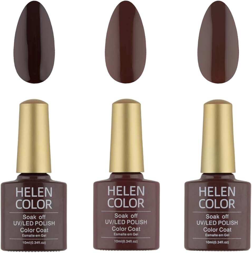 HELEN COLOR Kit 3 Esmaltes em Gel UV/LED 10ml Cada Frasco Secagem Rápida Alta Durabilidade Acabamento Brilhante (Marrom Escuro)