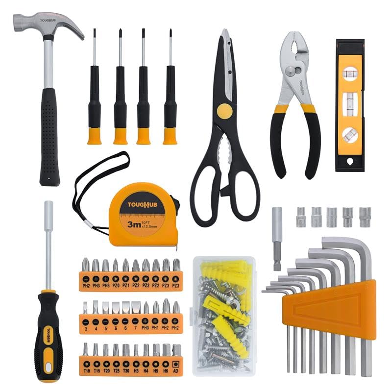Image of 100 Pcs Tool Kit - DIY Hand Tool Set for Home Repairs & Maintenance - Tool Box with Tools Included Plier, Hammer, Adjustable Wrench, and Hex Key Set (2.96, Kilograms) (Yellow, 100)