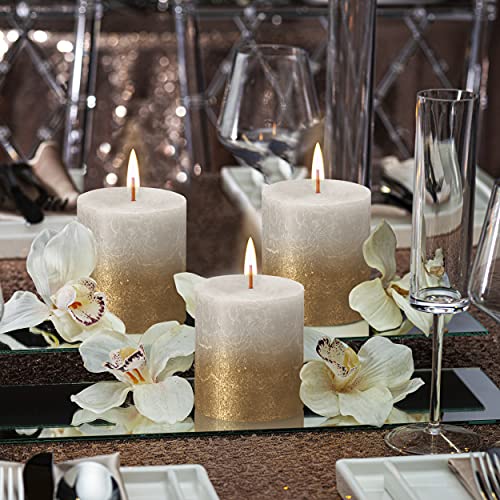 Bolsius 4 Pack Sandy Gray/Gold Sunset Rustic Metallic Pillar Candles - 2.75 X 5 Inches - Fine European Quality - Natural Eco-Friendly Plant-Based Wax - Unscented Dripless Smokeless 60 Hour Candles #TOP4