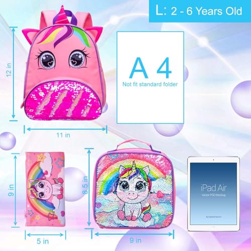 3PCS Toddler Backpack for Girls, 12” Unicorn Sequins Preschool Bookbag and Lunch Box4