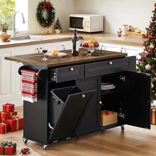 60' Kitchen Island with Power Outlet & Drop Leaf, Kitchen Rolling Island with Spice Rack & Towel Rack, Knife Holder, Kitchen Island Cart with Trash Storage Cabinet, Mobile Island Table for Kitchen