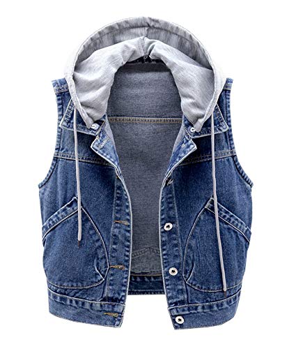 LifeShe Women's Girls Denim Vest Sleeveless Jean Jacket with Hoodie Deep Blue
