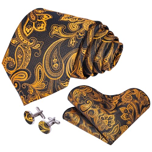 Image of 5PCS Tie and Pocket Square for Men, Silk Necktie and Handkerchief Cufflinks with Gold Ring and Lapel Pin Set