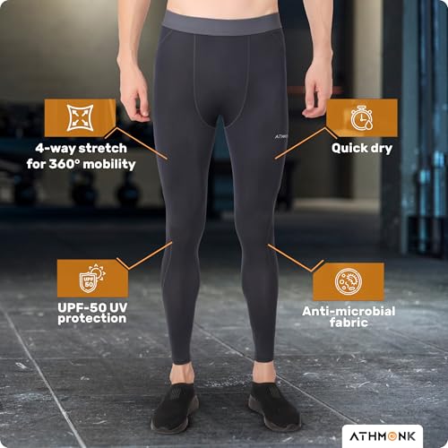 Image of Compression Nylon Lycra Lower Leggings Tights Yoga Pants for Men Boys - Workout Gym Exercise Running Cycling Training - Full Leg Sleeves - Cold Weather Sports Inner - Skinny Fit